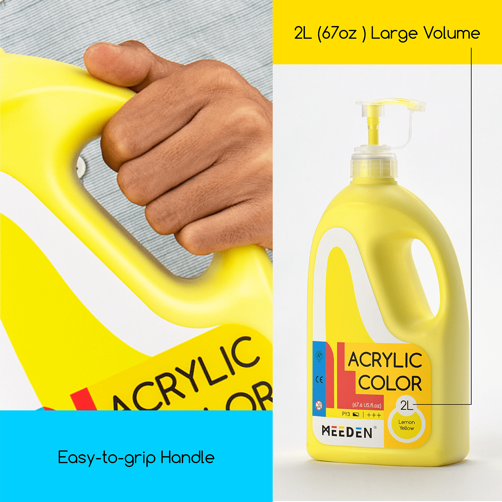 MEEDEN Lemon Yellow Acrylic Paint with Pump Lid, 1/2 Gallon (2L /67.6 oz.) Heavy-Body Non-Toxic Rich Pigment Color, Perfect for Art Class, Wall Painting, Painting Party & Creative DIY