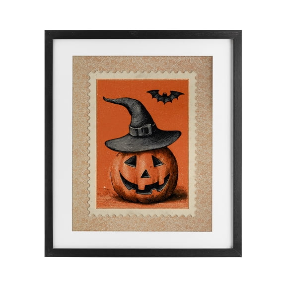 Vintage Jack-o-Lantern Stamp Black Framed Print Under Glass, design by Arlington Prints