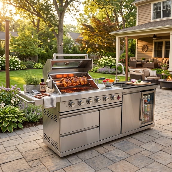 84" Outdoor Kitchen Island with 6-Burner Propane/Natural Gas Grill, Deluxe SS304 Stainless Steel BBQ Grill Station with Sink, Beverage Refrigerator, Granite Countertop & Rotisserie Kit, 75,300 BTU