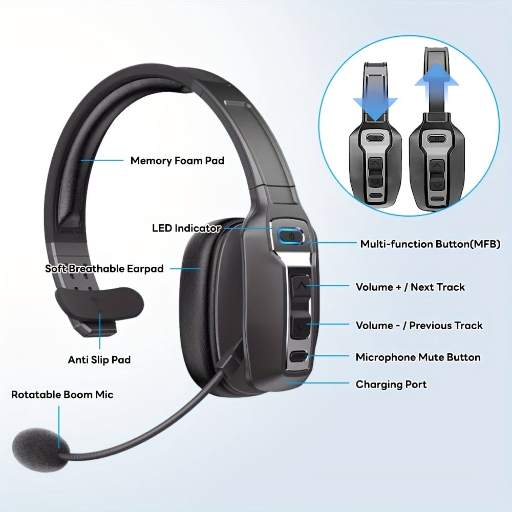 Wireless Trucker Headset with AI Noise Cancelling Microphone, Bluetooth Headset for Truck Drivers, Hands-Free Calling, Long Battery Life, Lightweight
