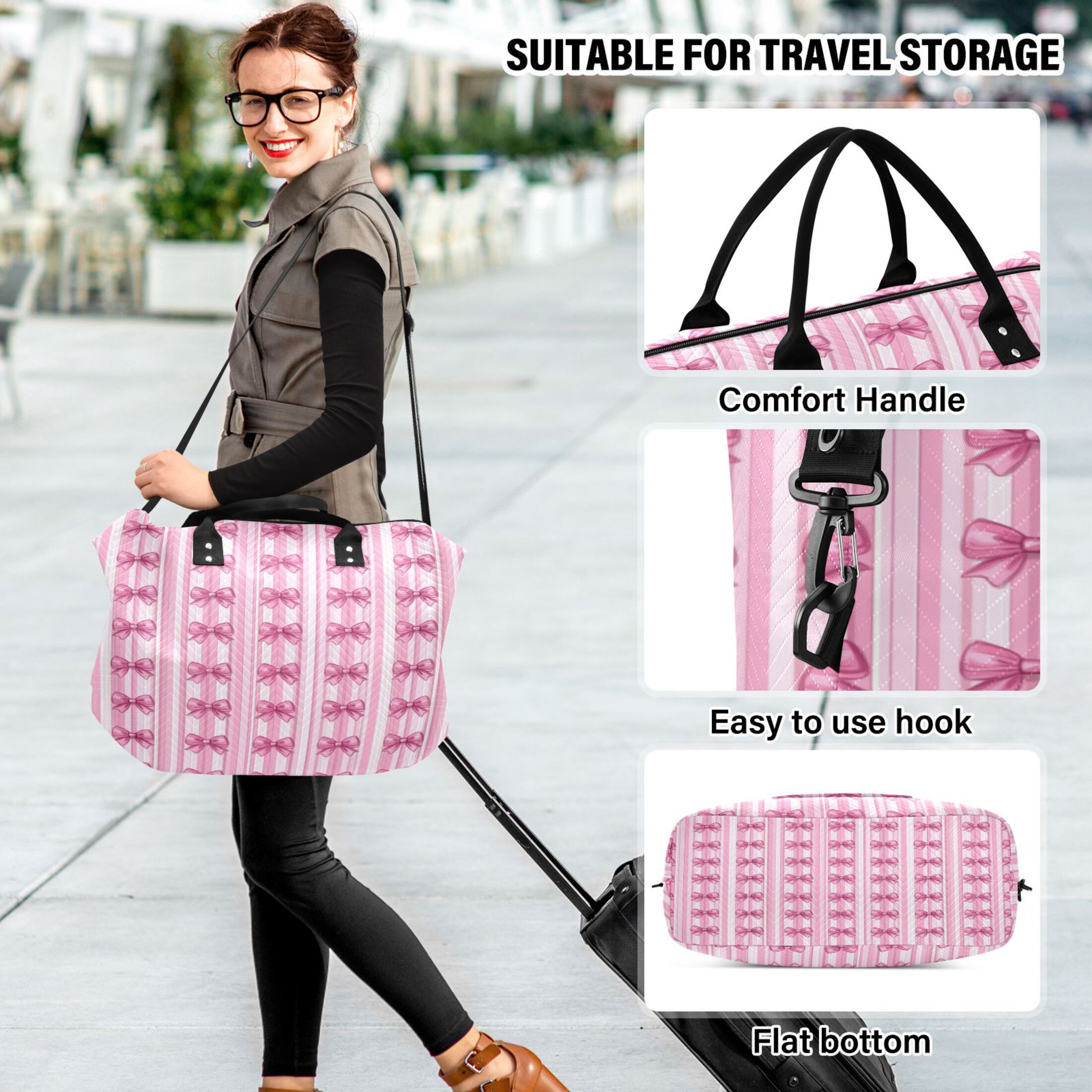 Travel Duffel Luggage Bag Sports Duffle Bag Gym Bag with Zipper Pink Bows