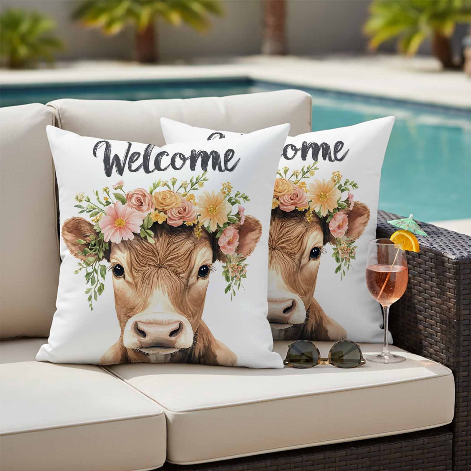 Cute Cow Pillow Covers 2 Pack Welcome Pillowcase Waterproof Outdoor Throw Pillow Cover for Patio Garden Square Cushion 20”x20”