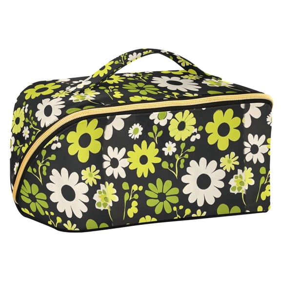 FORMRS Makeup Bag Travel Cosmetic Organizer for Women Fold Flat Zipper Pouch with Handle, Green Flower Pattern