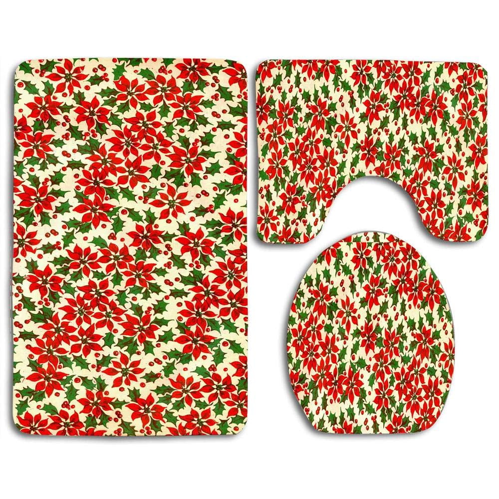 PUDMAD Christmas Poinsettia 3 Piece Bathroom Rugs Set Bath Rug Contour