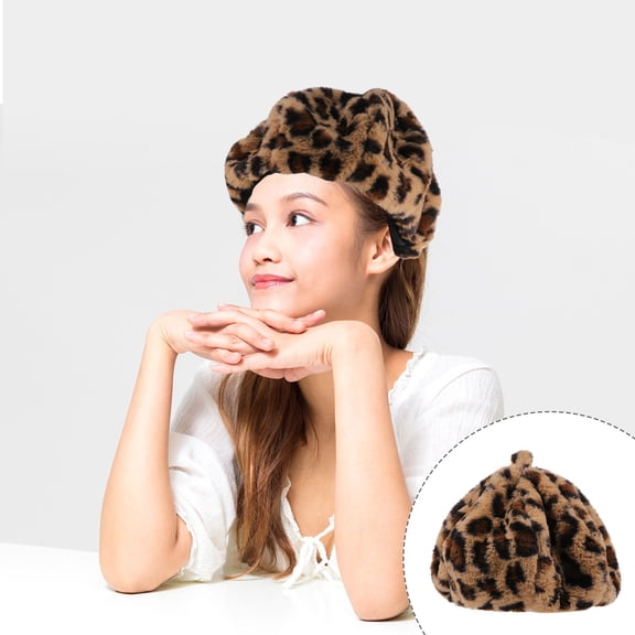 RENACLIPY Women's Winter Beret Hat Plush Leopard Print Soft Warm Fashion Accessory 1 Set