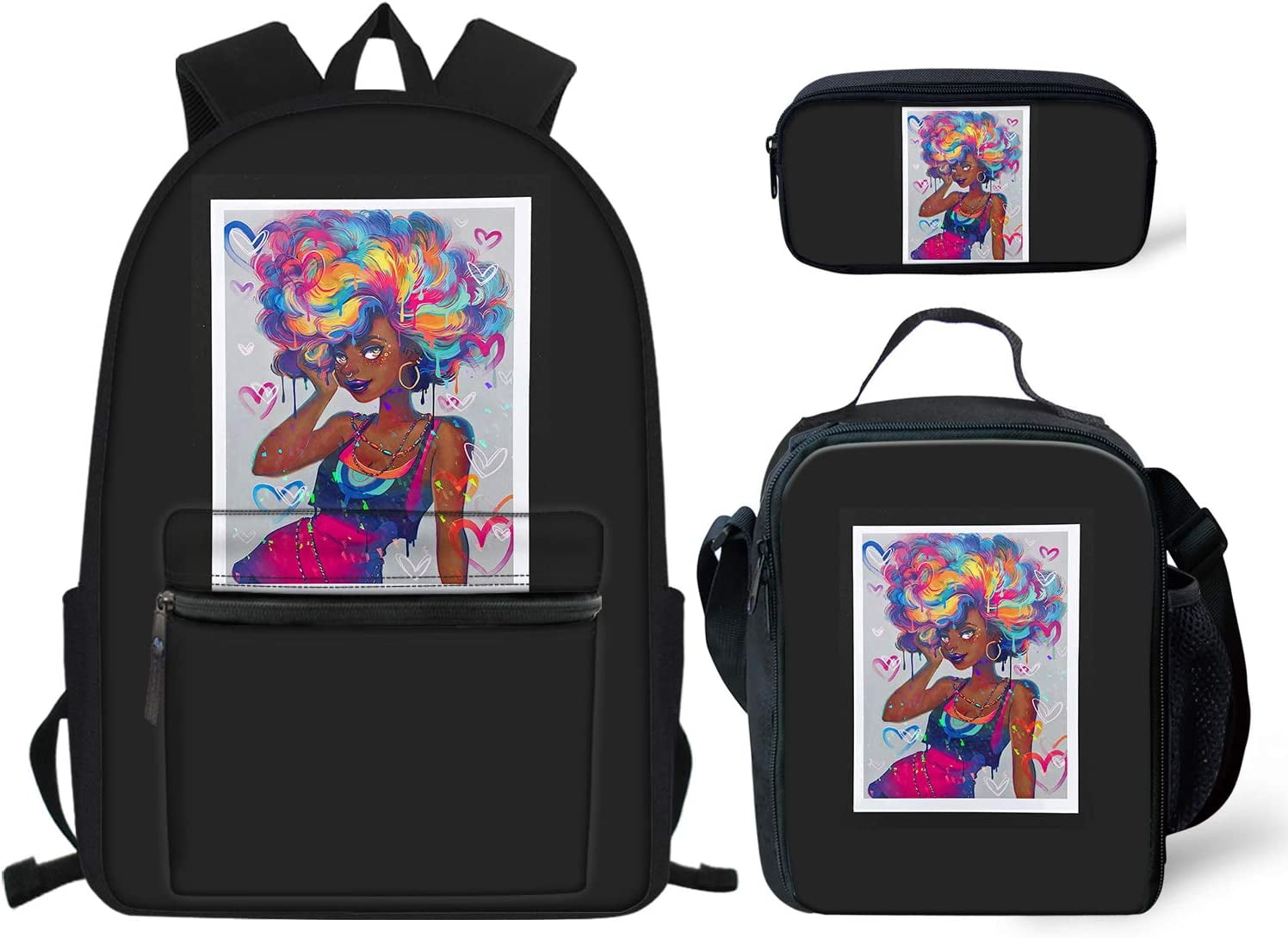  UZZUHI Afro Girl Backpack Set for Kids African American Girl  Backpack, Lunch Box, Pencil Case Black Preppy Princess Bookbag Age 6-8/10-12/14-16  Year Old : Home & Kitchen