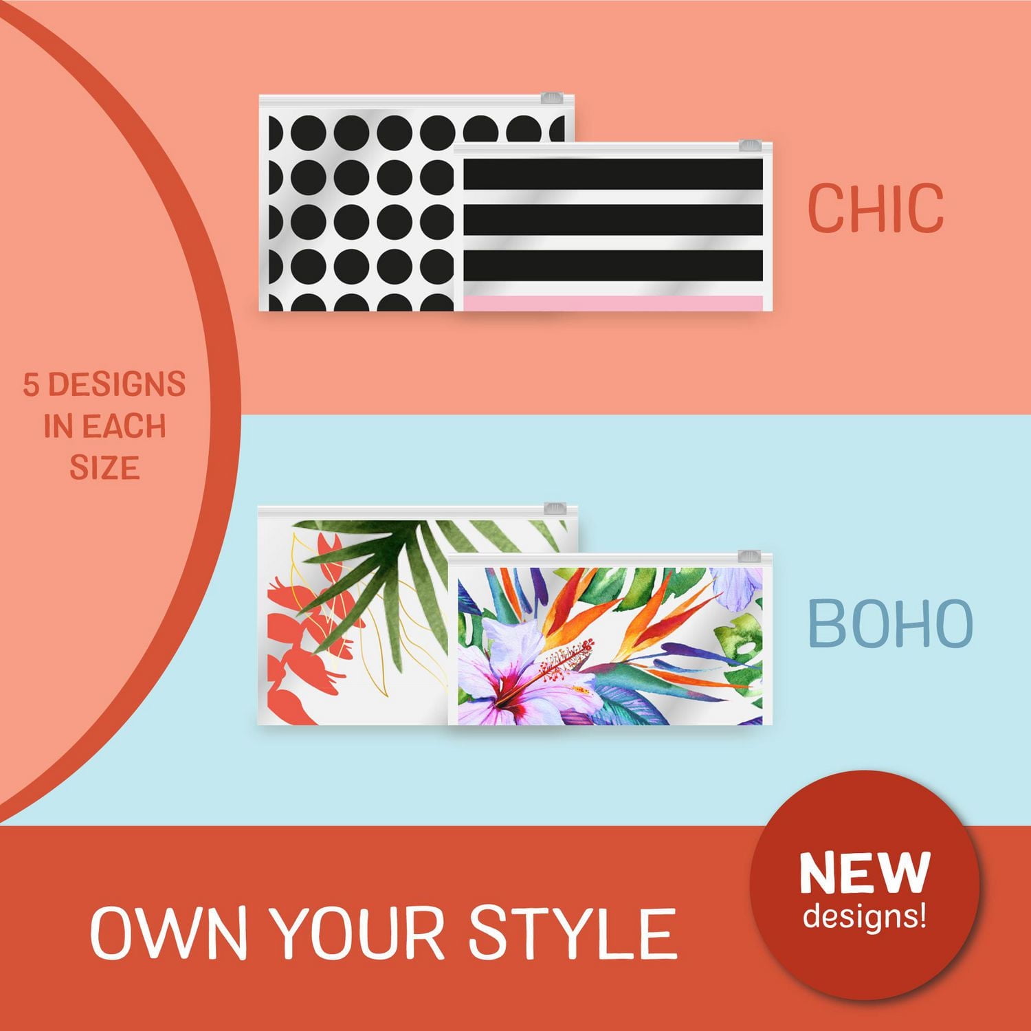 Ziploc Sacs réutilisables pour voyages, maquillage et accessoires, Idéals pour l'organisation à l'école ou à la maison, Collection chic, Grand format, Emballage de 5 Collection chic