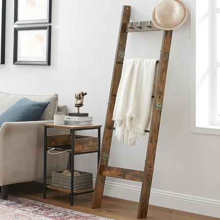 Hzuaneri Blanket Ladder Shelf, Wood Quilt Rack with 4 Removable Hooks, Rustic Brown 02101BBR