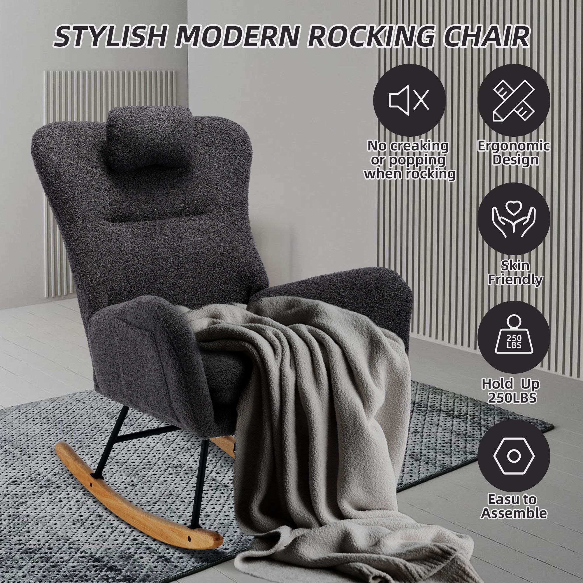 PAPROOS Modern Teddy Fabric Rocking Chair, Accent Rocker Chair with High Backrest for Nursery, Accent Glider Rocker for Living Room Bedroom Playroom，Gray
