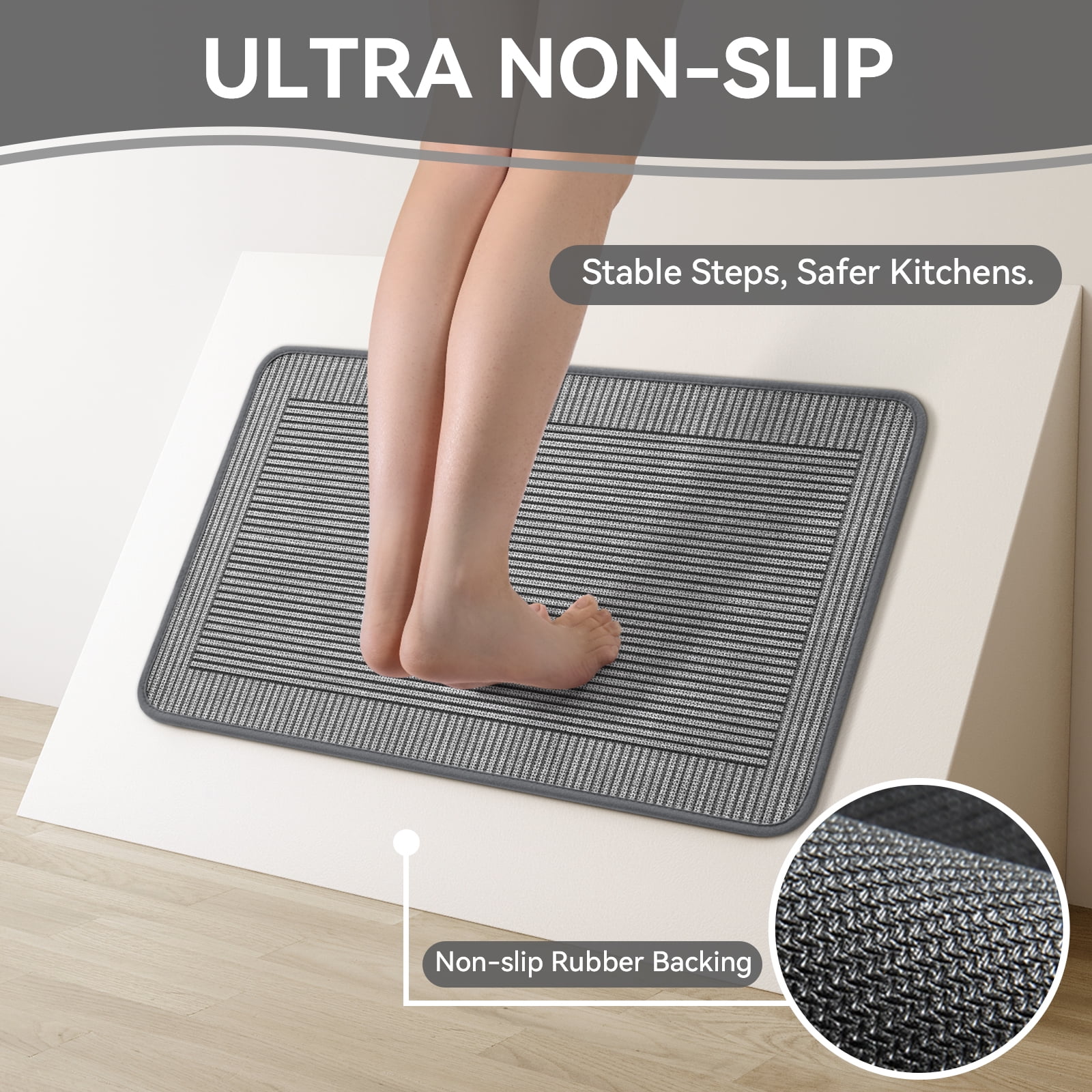 QiCaiJia Kitchen Rugs Set of 2, 17''x30''+17''x47'' Gray Kitchen Mats for Floor, Washable Non Slip Absorbent Kitchen Mat, Braided Kitchen Runner Rug, Kitchen Sink Rug
