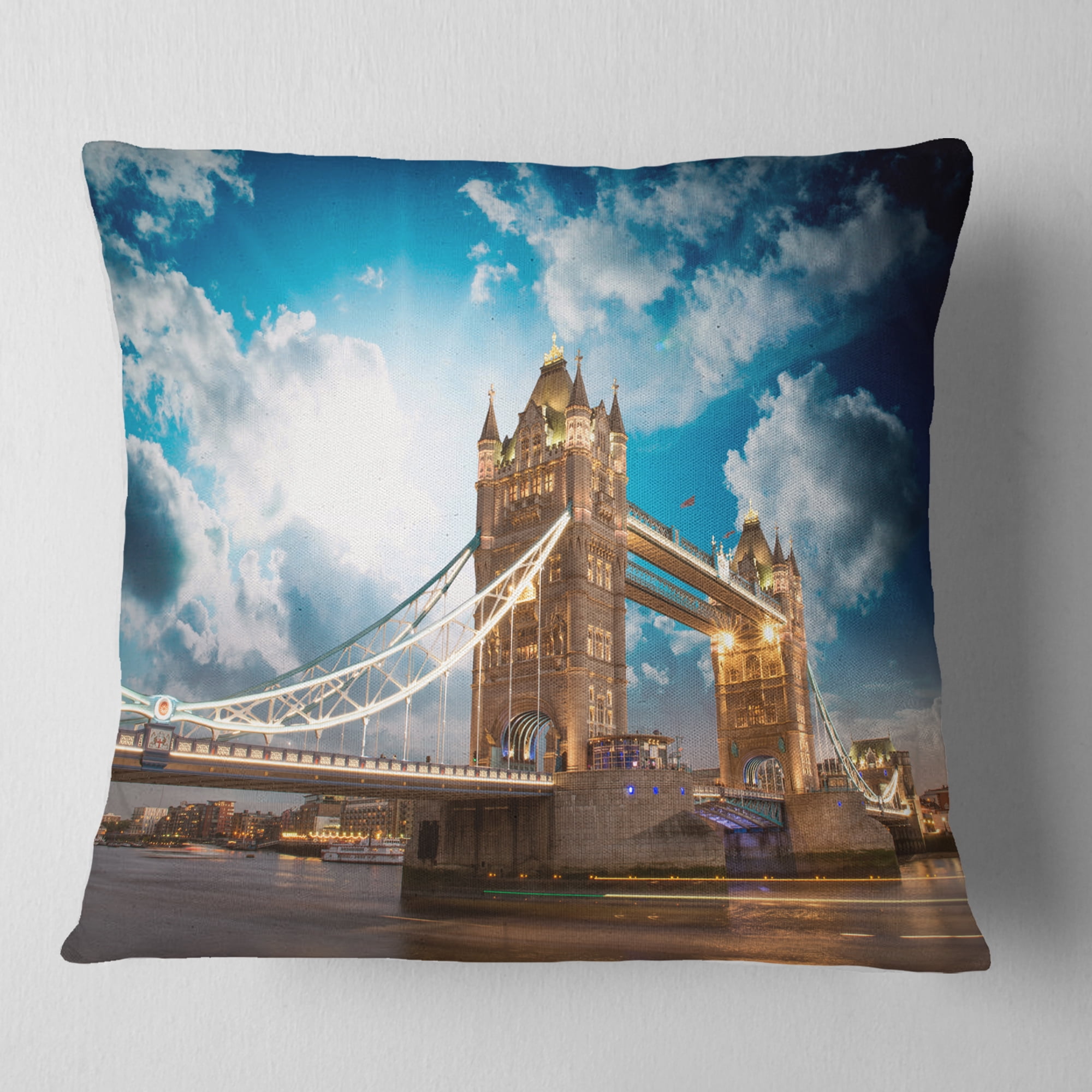 Designart Sunset Over Tower Bridge - Cityscape Photo Throw Pillow - 16x16