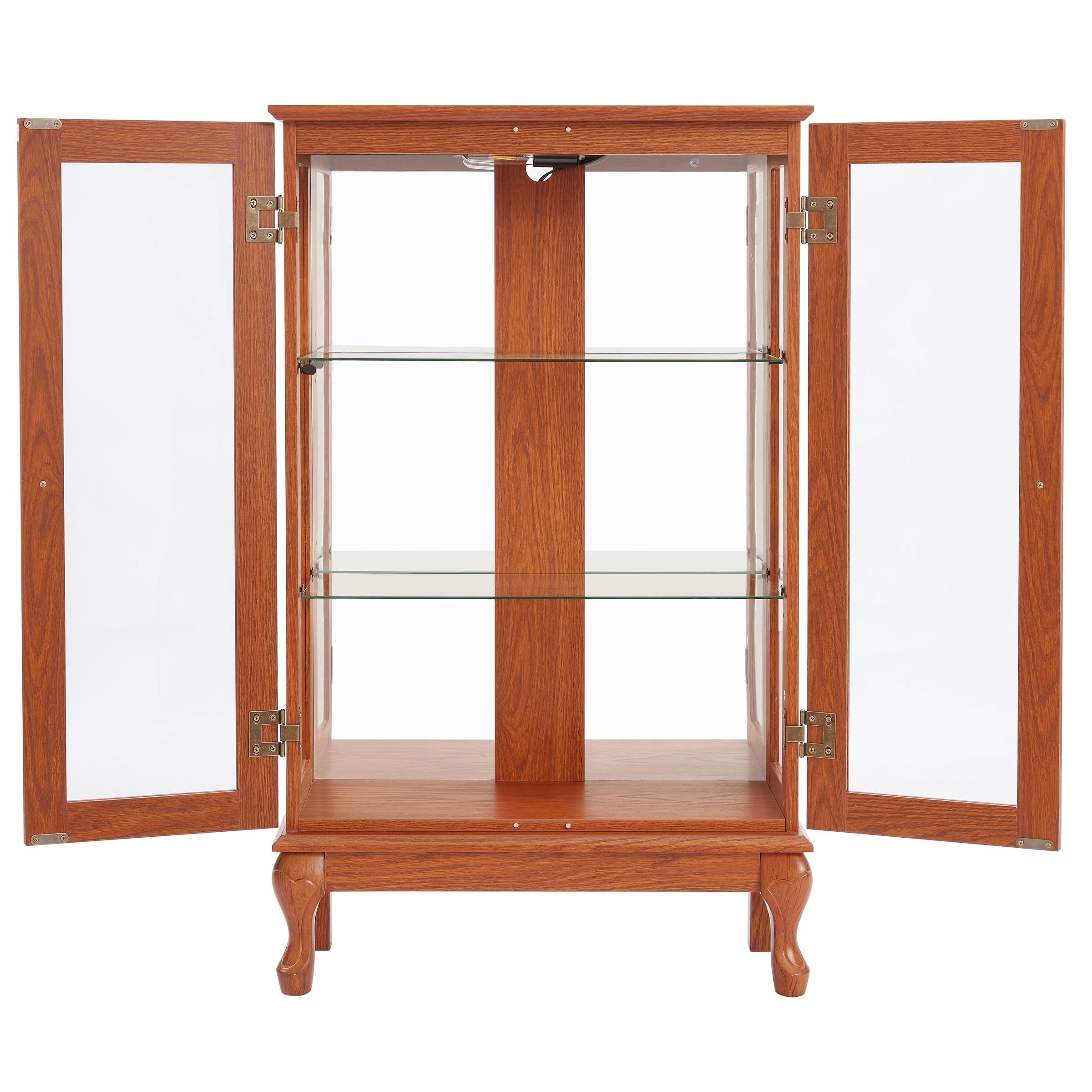 2-Door Curio Cabinet with Tempered Glass, Mirrored Back, Adjustable Shelves, Lighted Display Cabinet, Dark Oak