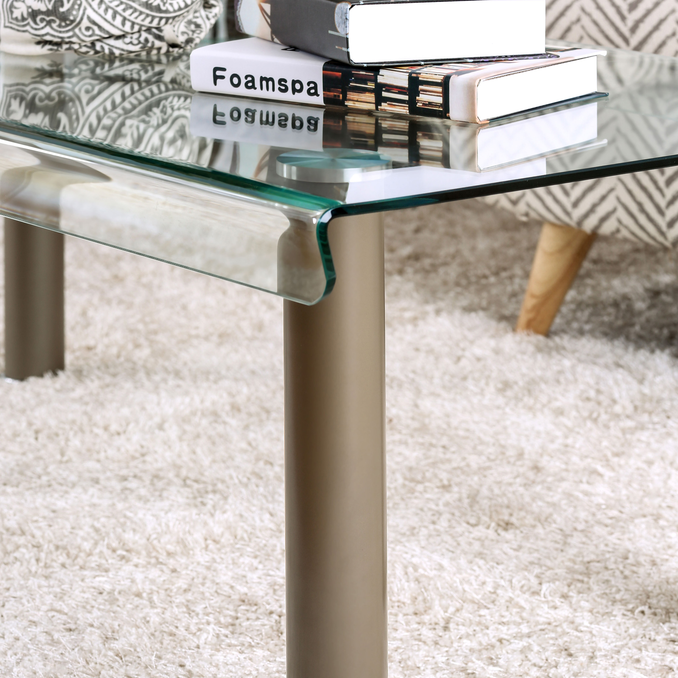 Furniture of America Ramey Glass Top Coffee Table, Champagne