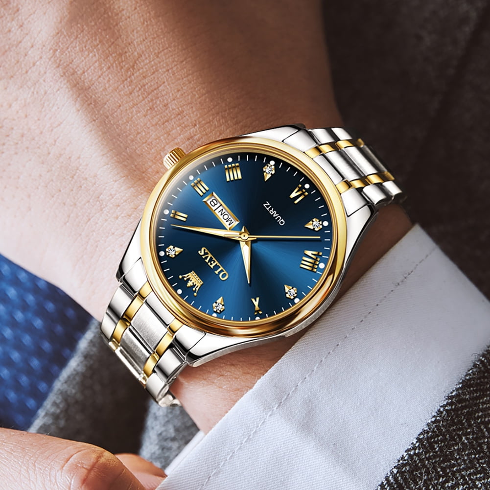 OLEVS Watches for Men Classic with Date Business Dress Luxury Diamond Gold/Black/Blue Waterproof Luminous Mens Wrist Watches Analog Two Tone Stainless Steel Male Reloj para Hombre