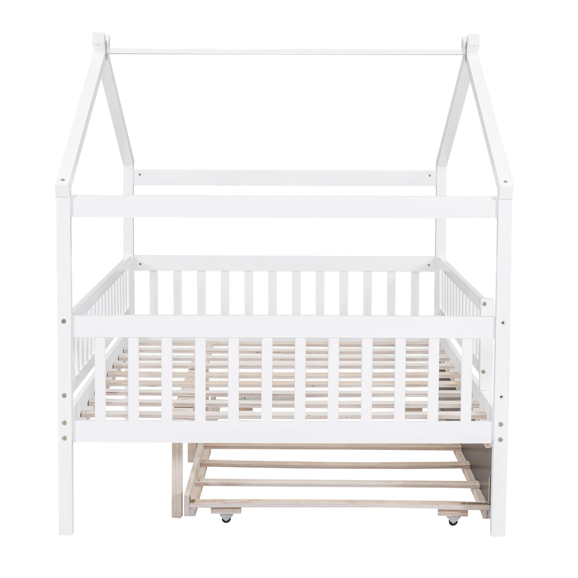 Euroco Full Size House Bed with Trundle, Canopy Low Profile Bed for Kids, White
