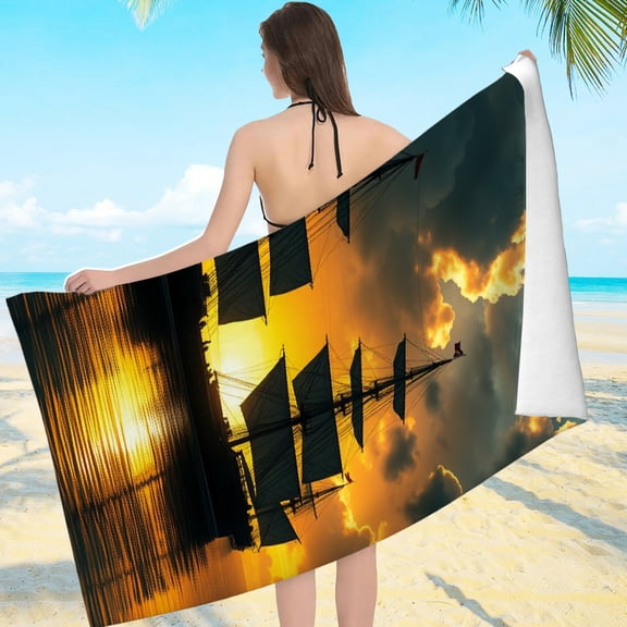 RKSupls Tall Ship Fleet Golden Hour Ocean Sunset Microfiber Beach Towel, Extra Large Quick Dry Lightweight Towel for Travel Swimming Camping, Soft Super Absorbent- 55.1x27.6in