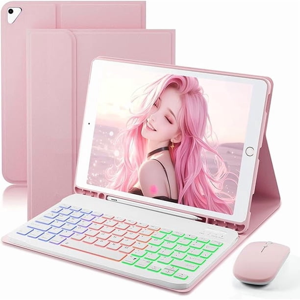 Funda con Teclado Retroiluminado Arcoíris de 7 Colores Rosa para iPad de 9.7" con Soporte para Lápiz y Mouse
