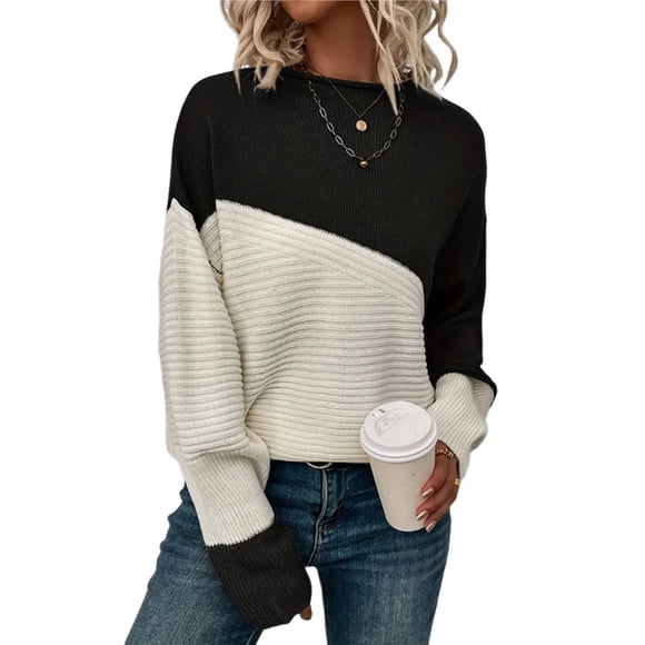 Suéter Casual de Color Block para Mujer, Cuello Redondo, Larga, Punto Acanalado Negro XL