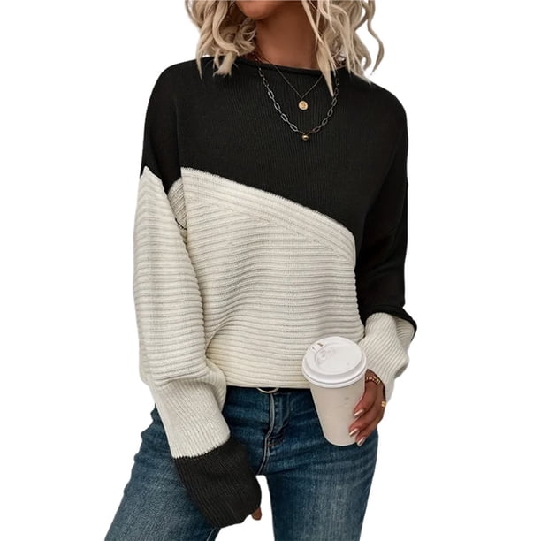 Suéter Casual de Color Block para Mujer, Cuello Redondo, Larga, Punto Acanalado Negro S