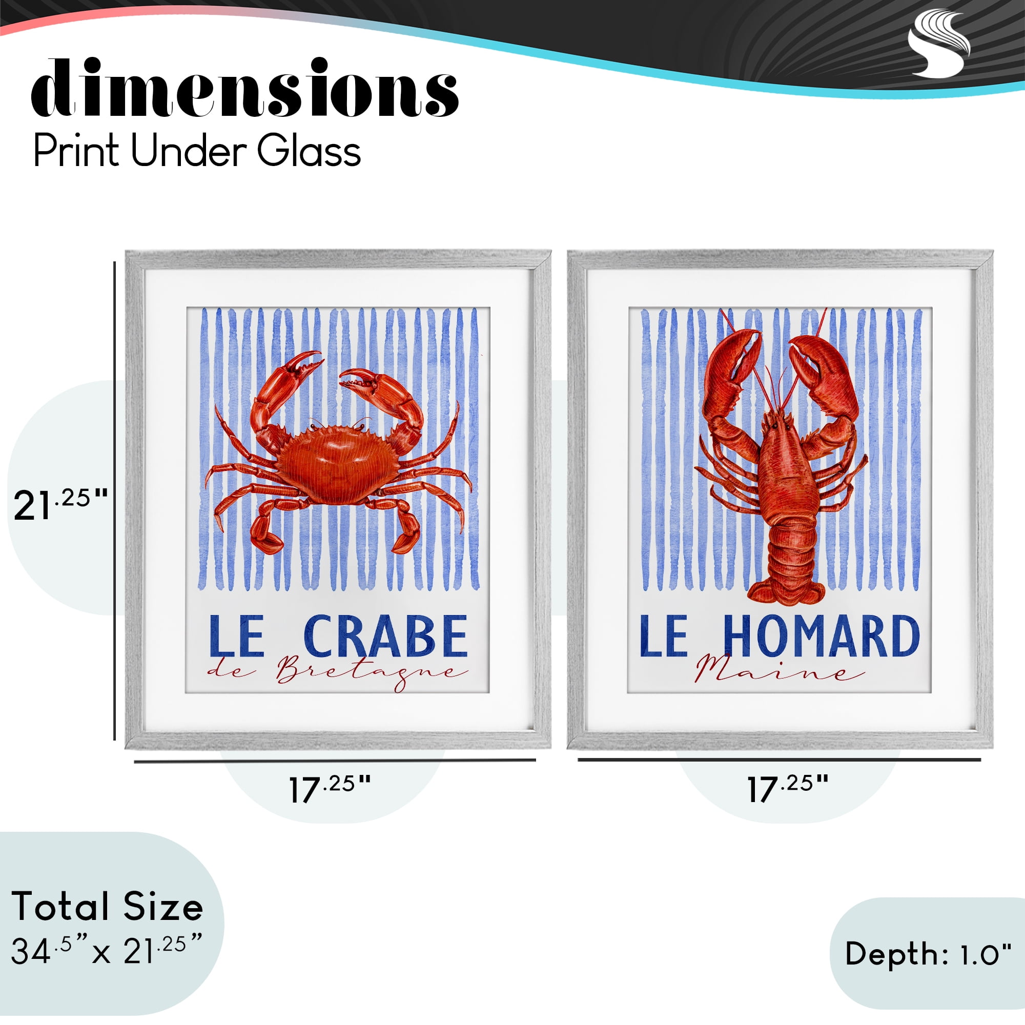 Stupell Industries Nautical Stripes Sea Creatures 2 Piece Gray Framed Print Under Glass Set, design by Kim Allen