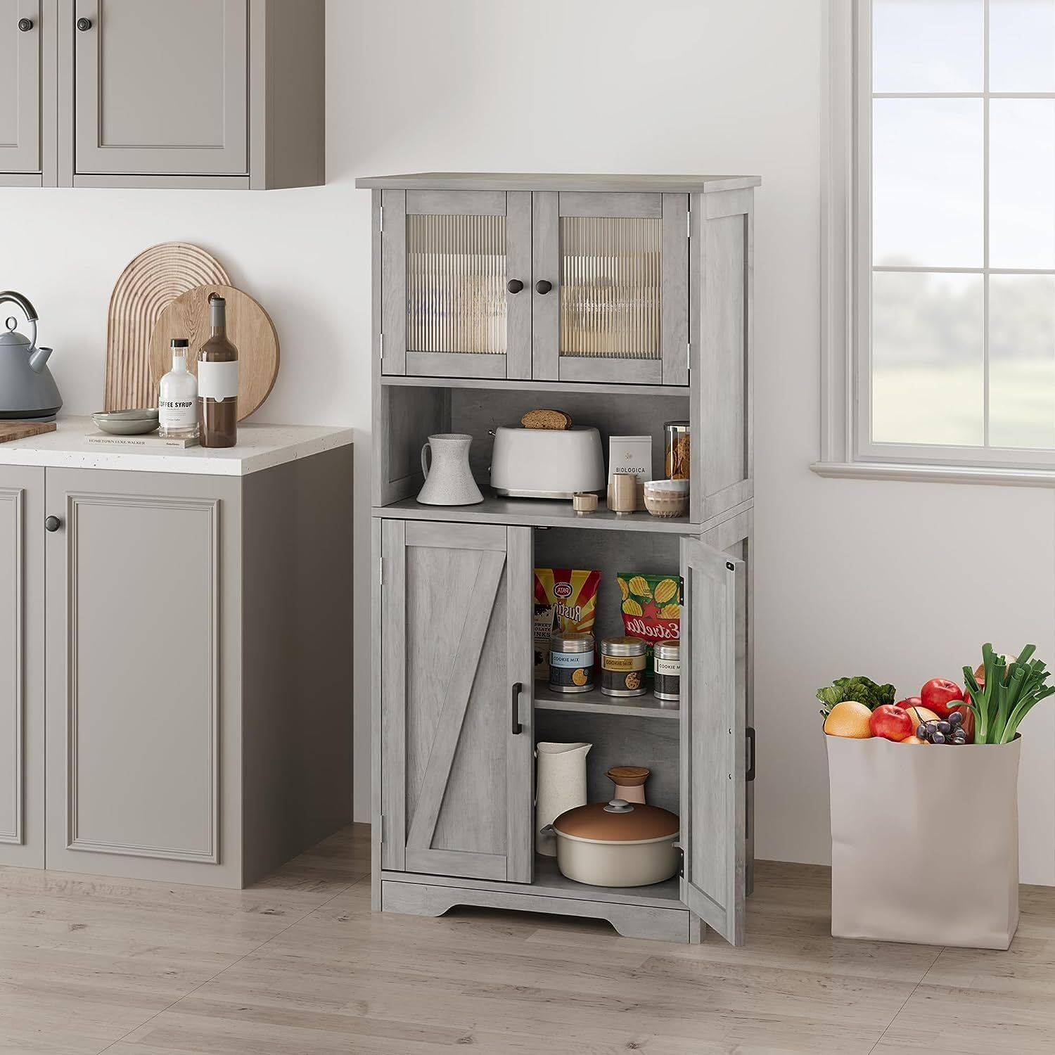 HOSSLLY Double Bathroom Storage Cabinet, Floor White Wooden Linen Cabinet with Shelves and Glass Doors, Kitchen Cupboard, Grey