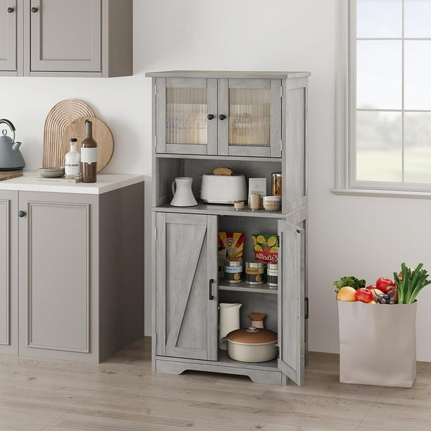 Gabinete de Almacenamiento Doble para Baño, Gabinete de Piso Blanco con Estantes y Puertas de Cristal, Alacena para Cocina, Gris