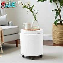 Tcbosik Teddy Velvet Upholstered Storage Ottoman with 5 Wheels - 13.7" Rolling Round Footstool w/ Flip Top Tray, for Living Room, Bedroom, and Dorm, White