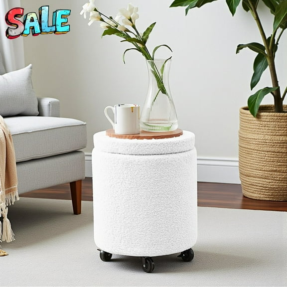 Tcbosik Teddy Velvet Upholstered Storage Ottoman with 5 Wheels - 13.7" Rolling Round Footstool w/ Flip Top Tray, for Living Room, Bedroom, and Dorm, White
