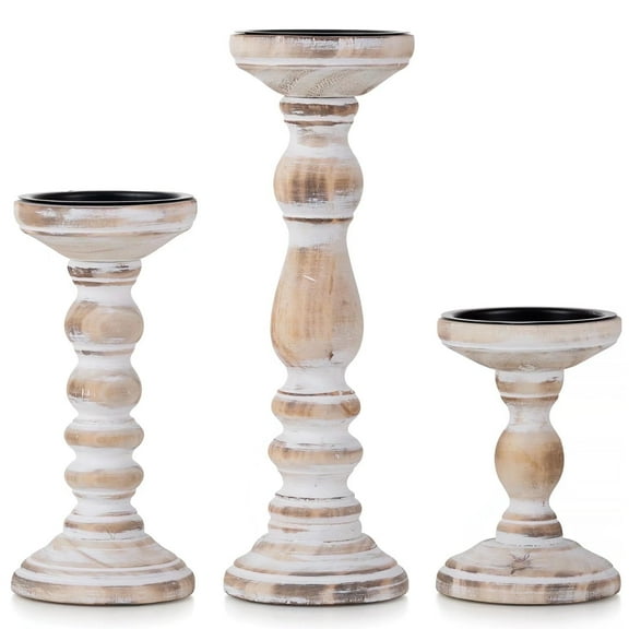 Nuptio Farmhouse Wood Candle Holders for Pillar Candles, Rustic Wooden White Pillar Candles Holder Set of 3 Tall Table Centerpiece Decor Fireplace Mantle