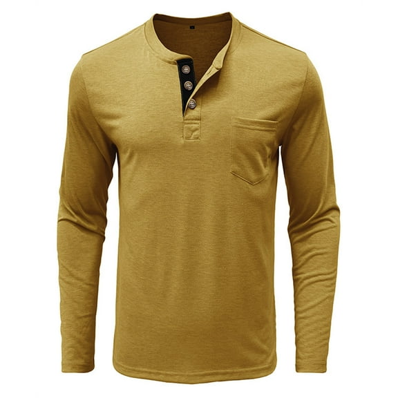 ameIAEA Fall Shirts for Men Long Sleeve Crewneck Button Shirts Solid Color Work Tops with Pockets