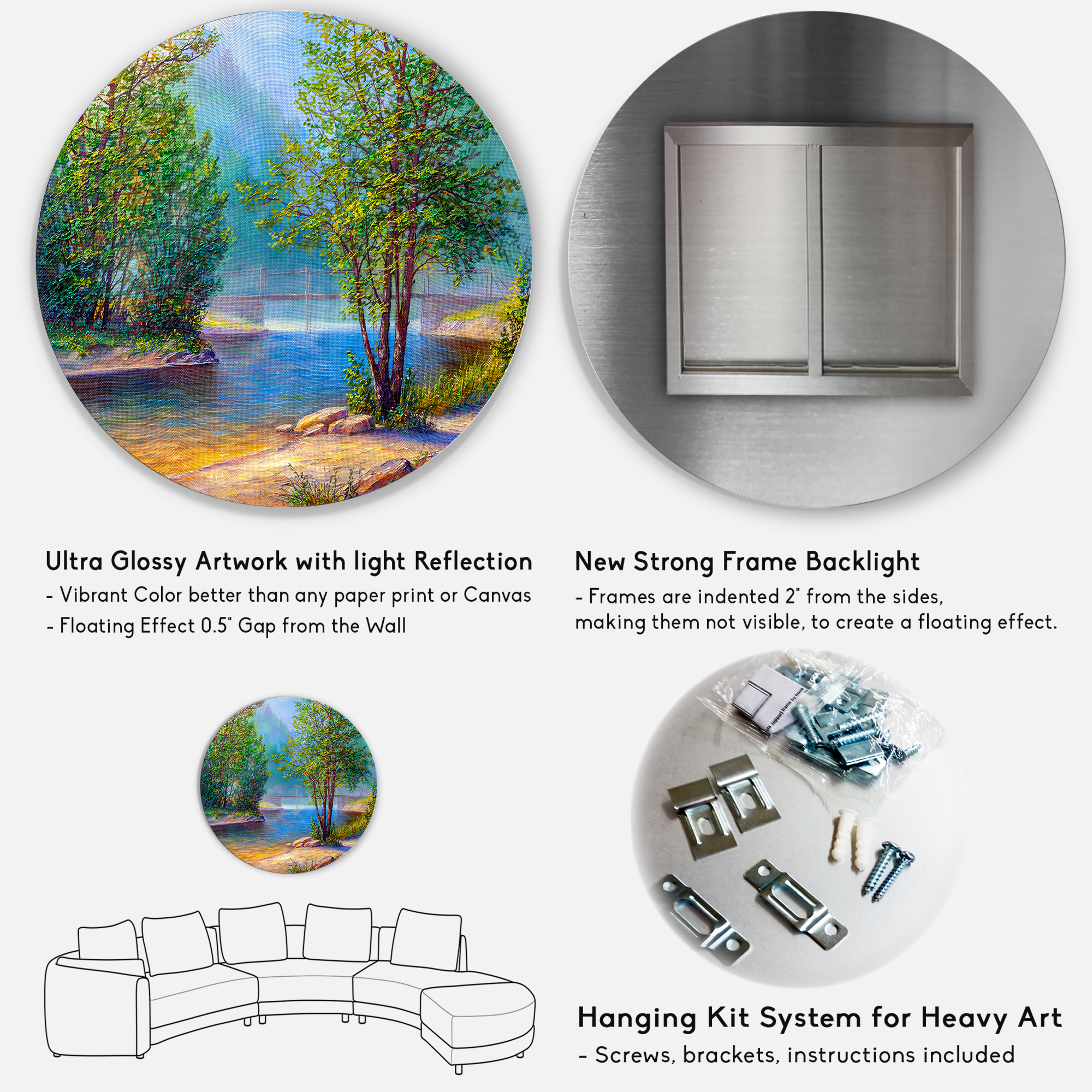 Designart 'Green Trees By The Bridge Over River' Traditional Circle Metal Wall Art 11x11 - Disc of 11