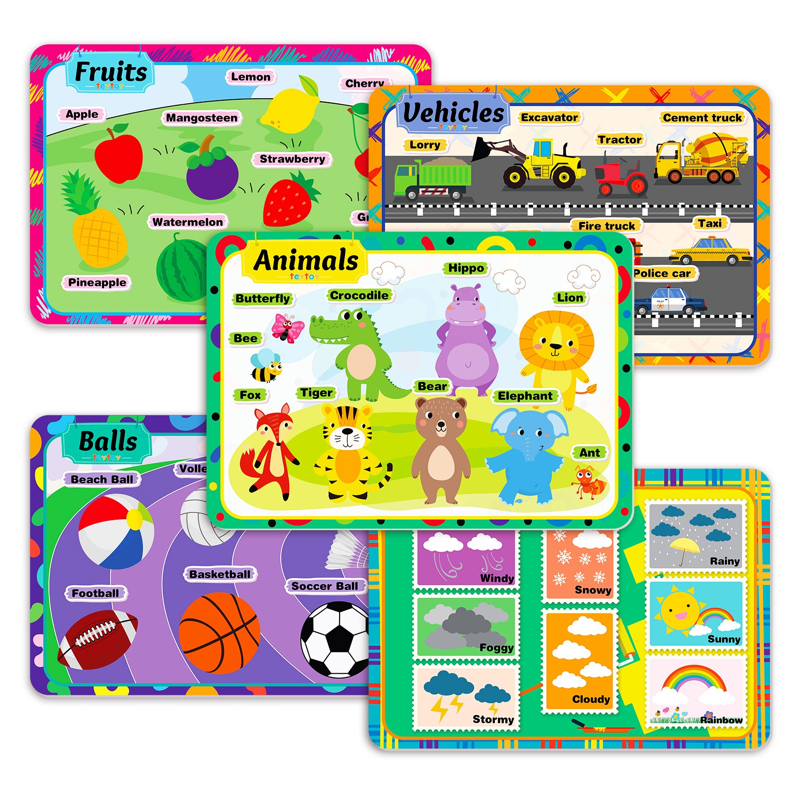 Teytoy Kids Placemats 5 Packs, Toddler Educational Learning Table Place Mats, Ball Weather