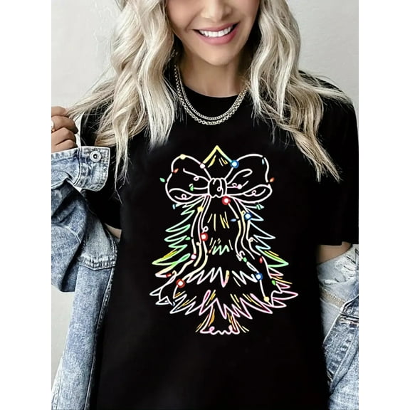 Merry Christmas T-Shirt Christmas Tree Graphic Casual Short Sleeve Shirt for Women