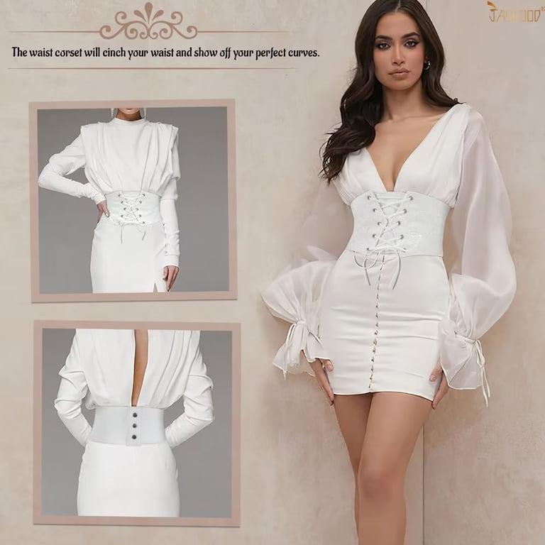 8255 7 Inch Wide Lattice Corset Waspie Elastic Waist Belt (white JASGOOD Women Elastic Wide Belt Lace-up Tied Waspie White  main image 3