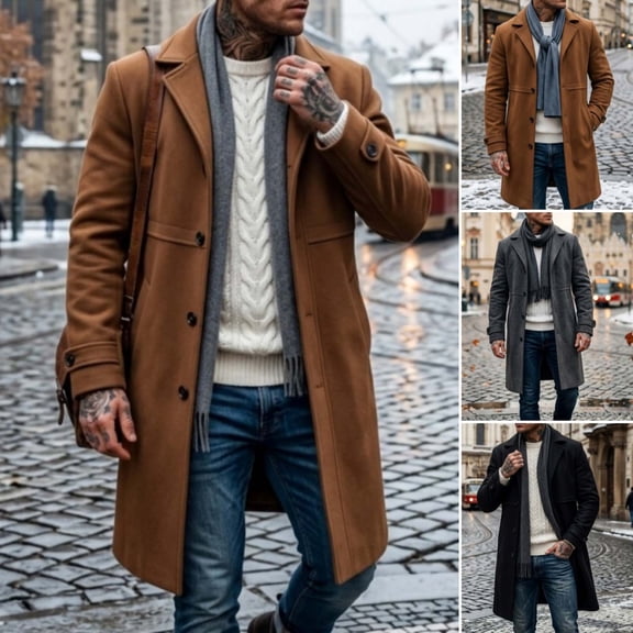 Miqool Men's Long Trench Coats Notched Lapel Button Down Long Sleeve Fall Winter Warm Coat with Pockets