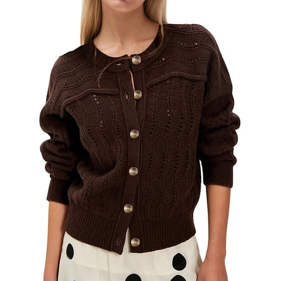 Womens Long Sleeve Button Up Knit Cardigan Crewneck Button Down Sweaters for Women Brown M