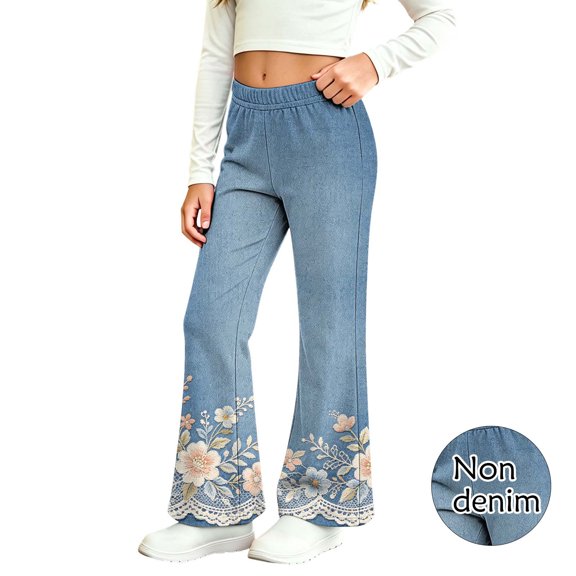 Auroural Toddler Girls Flare Pants 3T Kids Girls Cute Flower Lace Print Soft Elasticity Casual Flared Trousers Pants