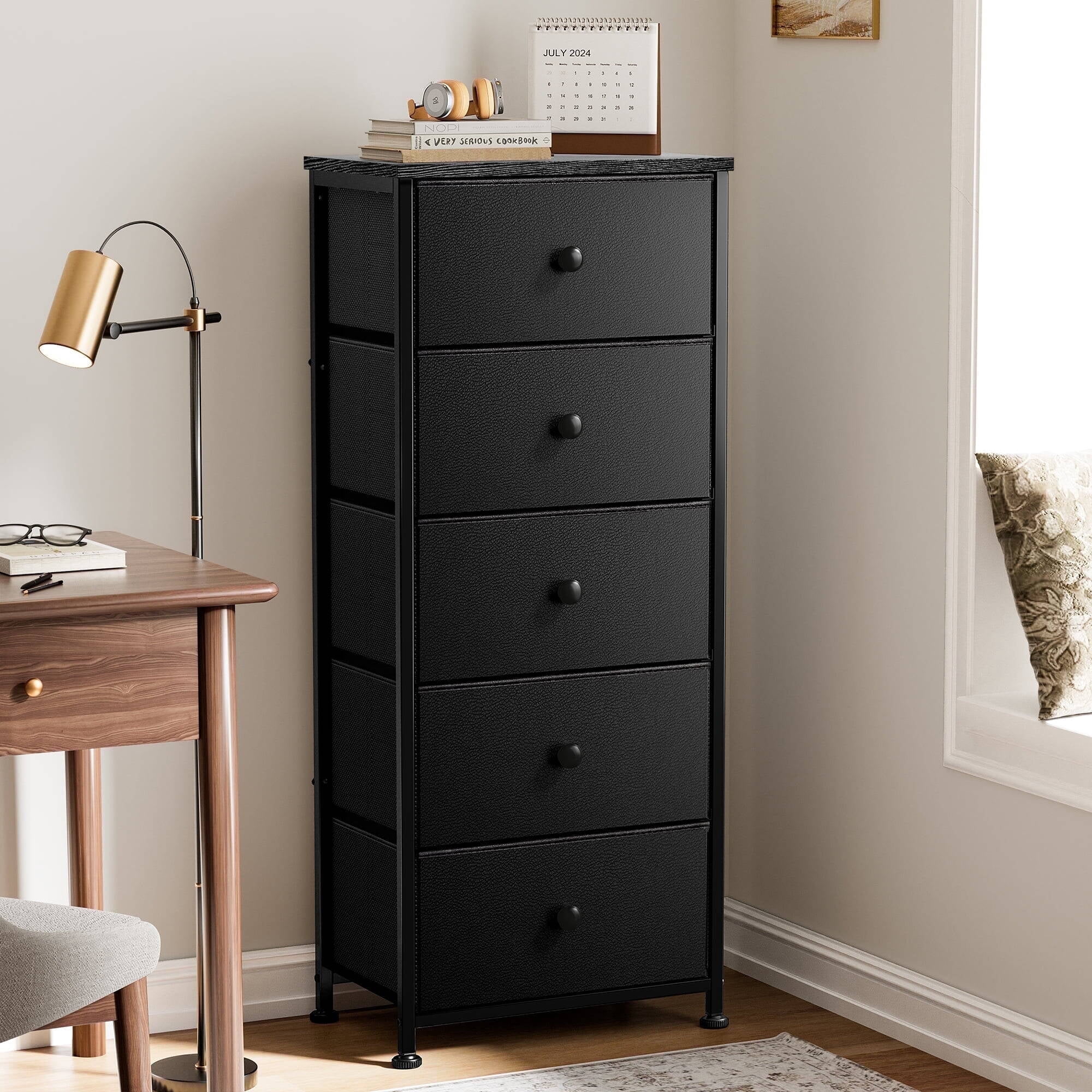 GUNAITO 5 Drawer Dresser for Bedroom Tall Narrow Chest of Drawers Fabric Storage Dresser for Adults,Black