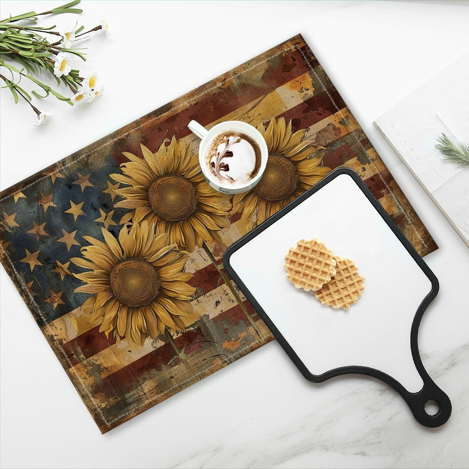 BaHomeck placemats Set of 4 rectangle Linen Cotton Placemats for Dining Table Washable Heat Resistant,18*12inch,Large Sunflowers On American Flag Background