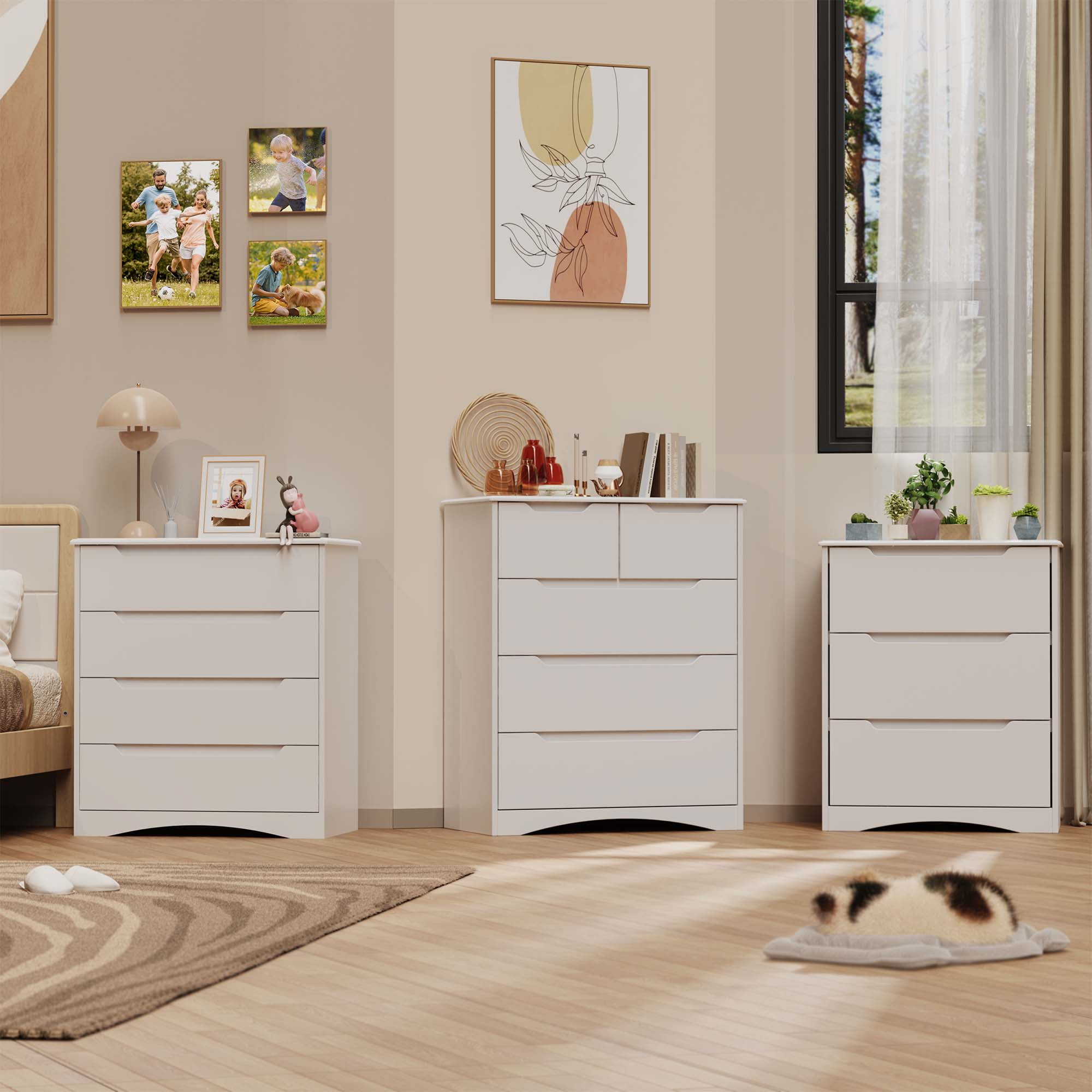 Lofka 3 Drawer Dresser for Bedroom, Chest of Drawers with Large Storage Capacity, Cutout Handles, Deep Drawers, Smooth Metal Rail, White