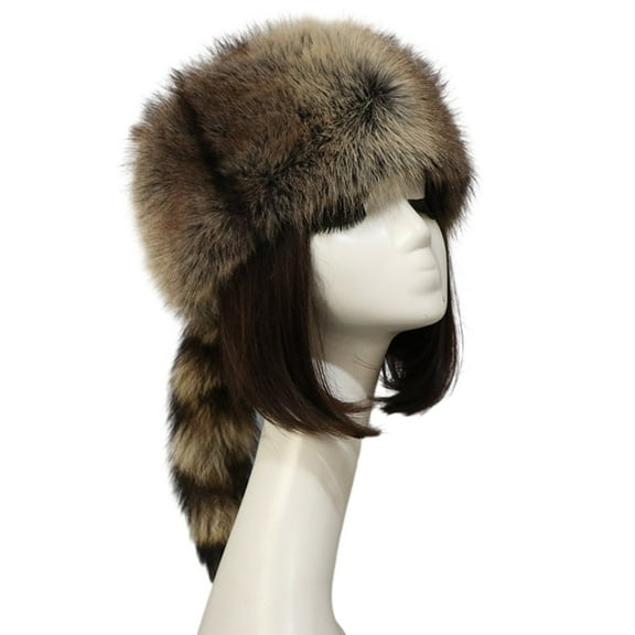 Yokua Traveling Flat Top Hat with Raccoon Tail Plush Mongolian Hat for Teens Sports