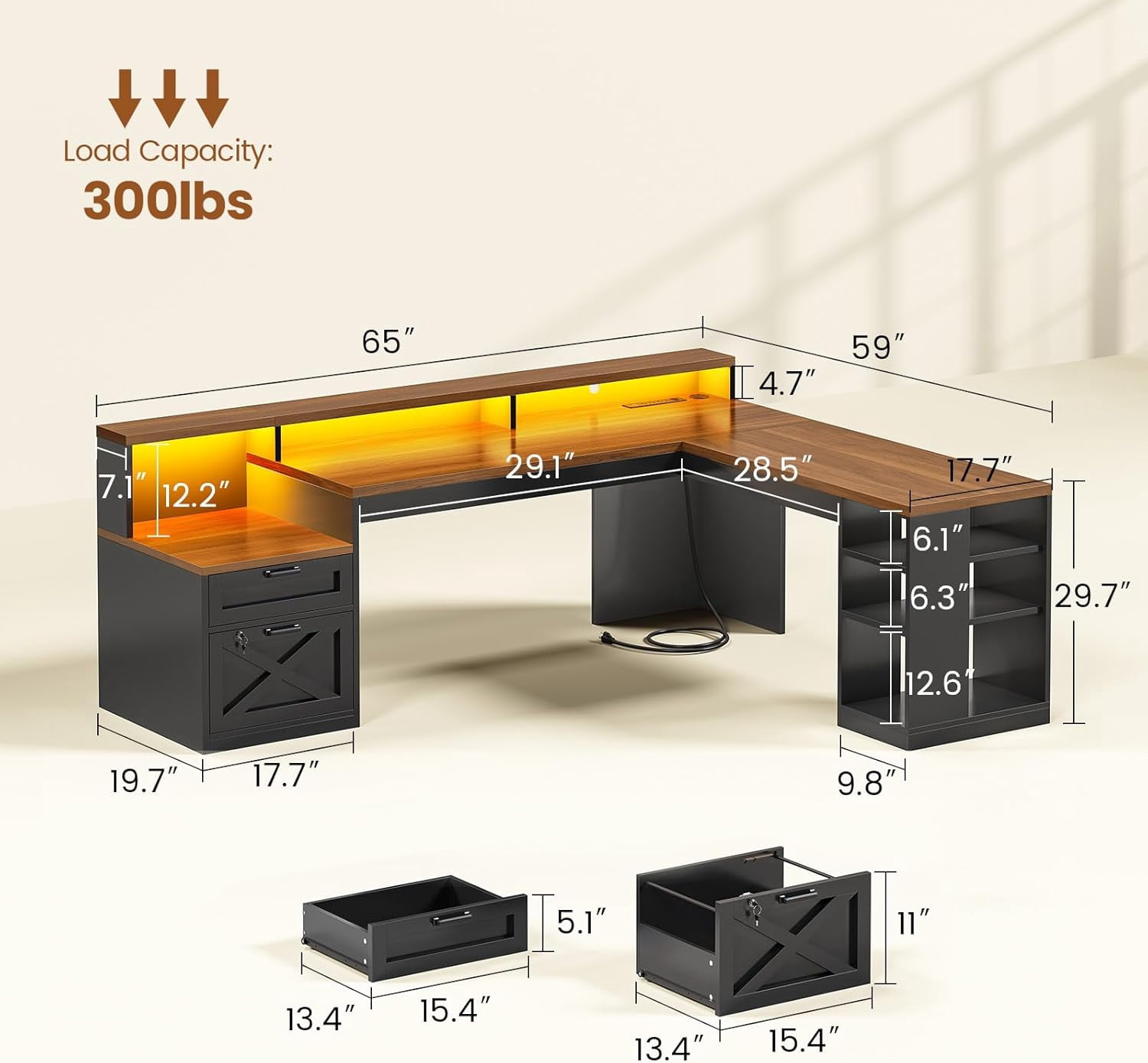 SEDETA L Shaped Desk with 2 Drawers, 65"x 59" Large Home Office Desk with Lockable File Drawer & Power Strip, Corner Desk with Storage & LED Strip, Black + Brown