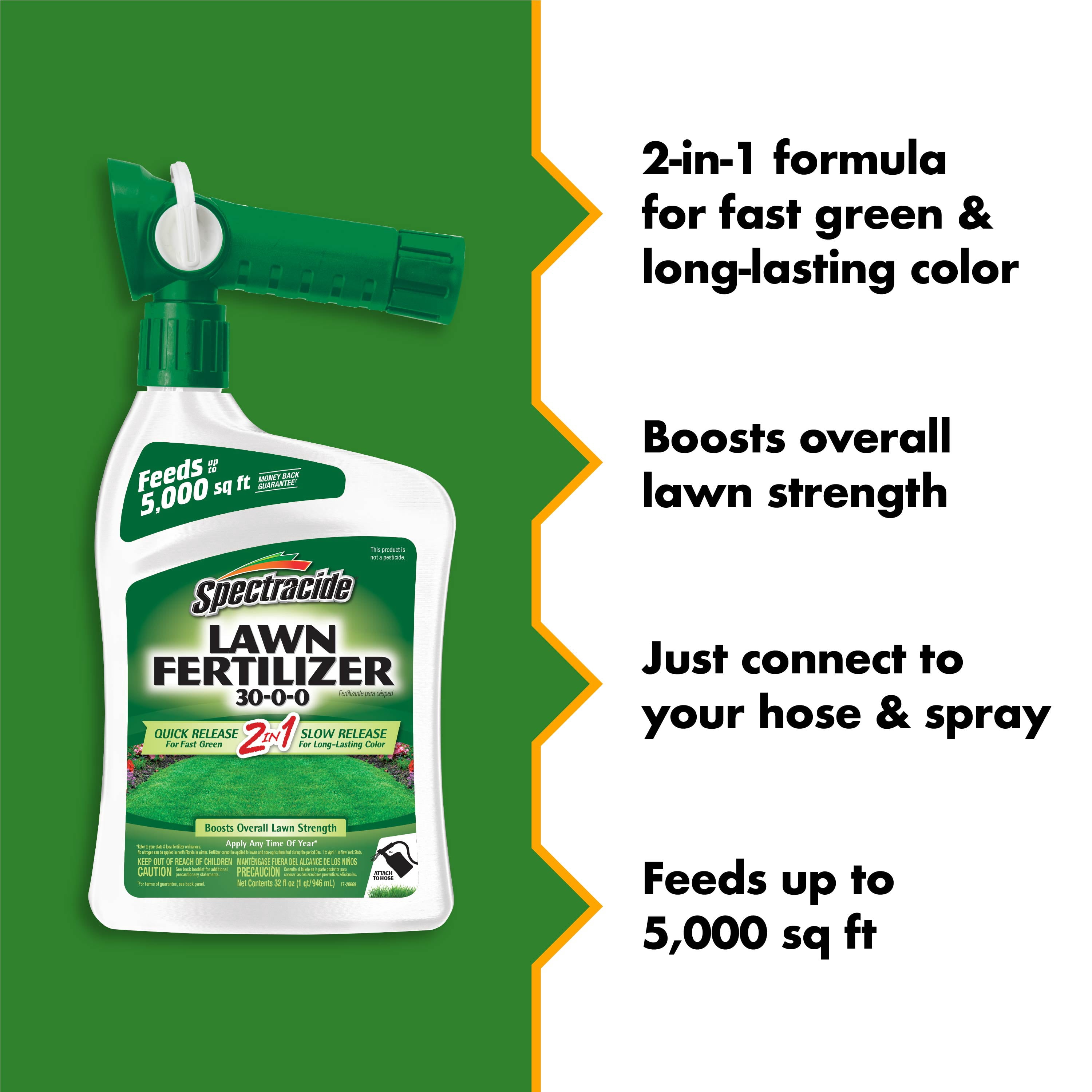 Spectracide Lawn Fertilizer 30-0-0, 2-in-1 Formula Boosts Overall Lawn Strength, 32 Ounces
