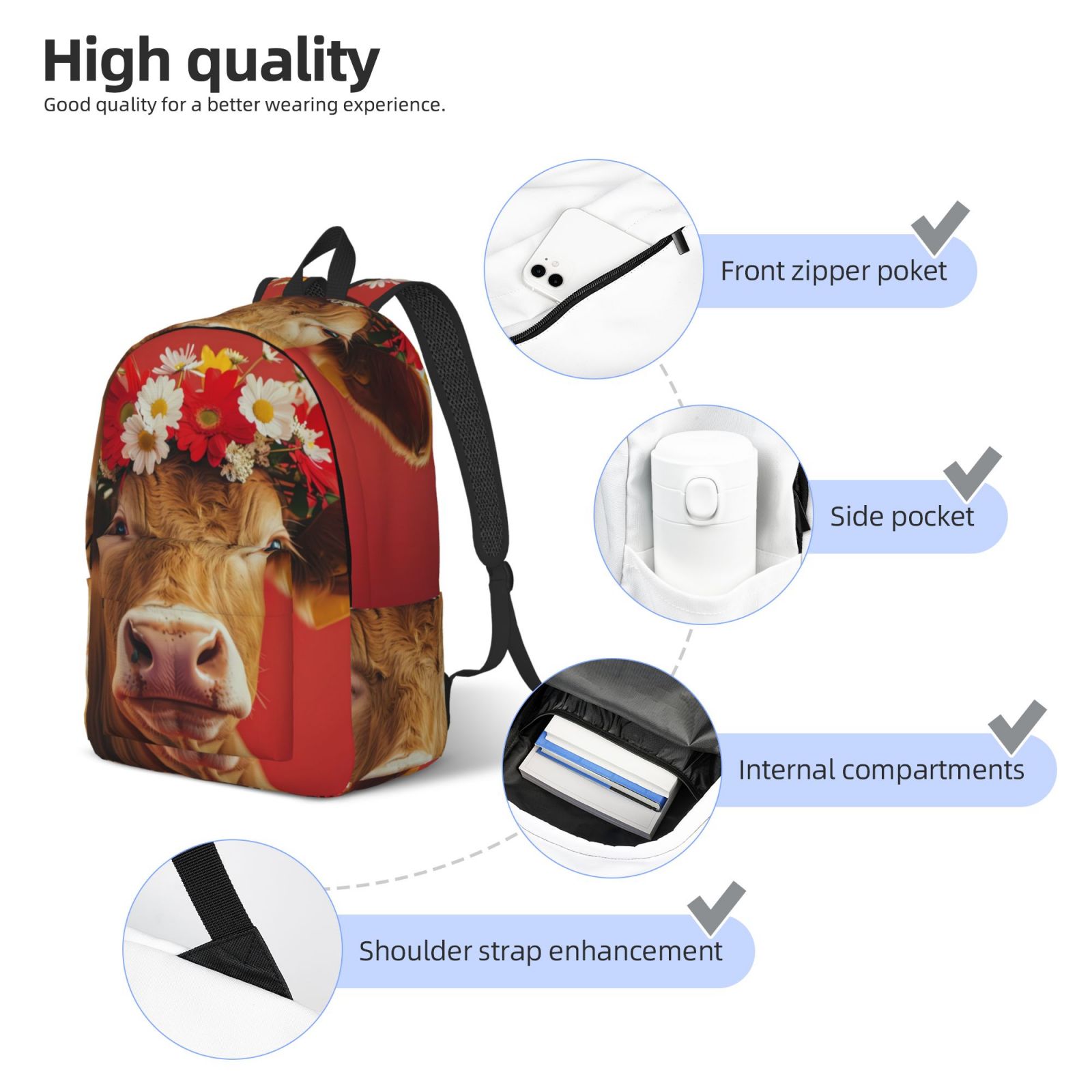 Picia White And Red Daisy Cow Printed Canvas Daypack - Stylish and Durable Vintage Compact Backpack - Class, Work, Travel, or Laptop Bookbag,Organized Compartments-Medium