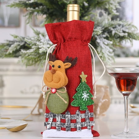 

KKCXFJX Other New Christmas Decorations Linen Snow Cartoon Drawstring Wine Bottle Cover Checker Doll Wine Bottle Bag Hot