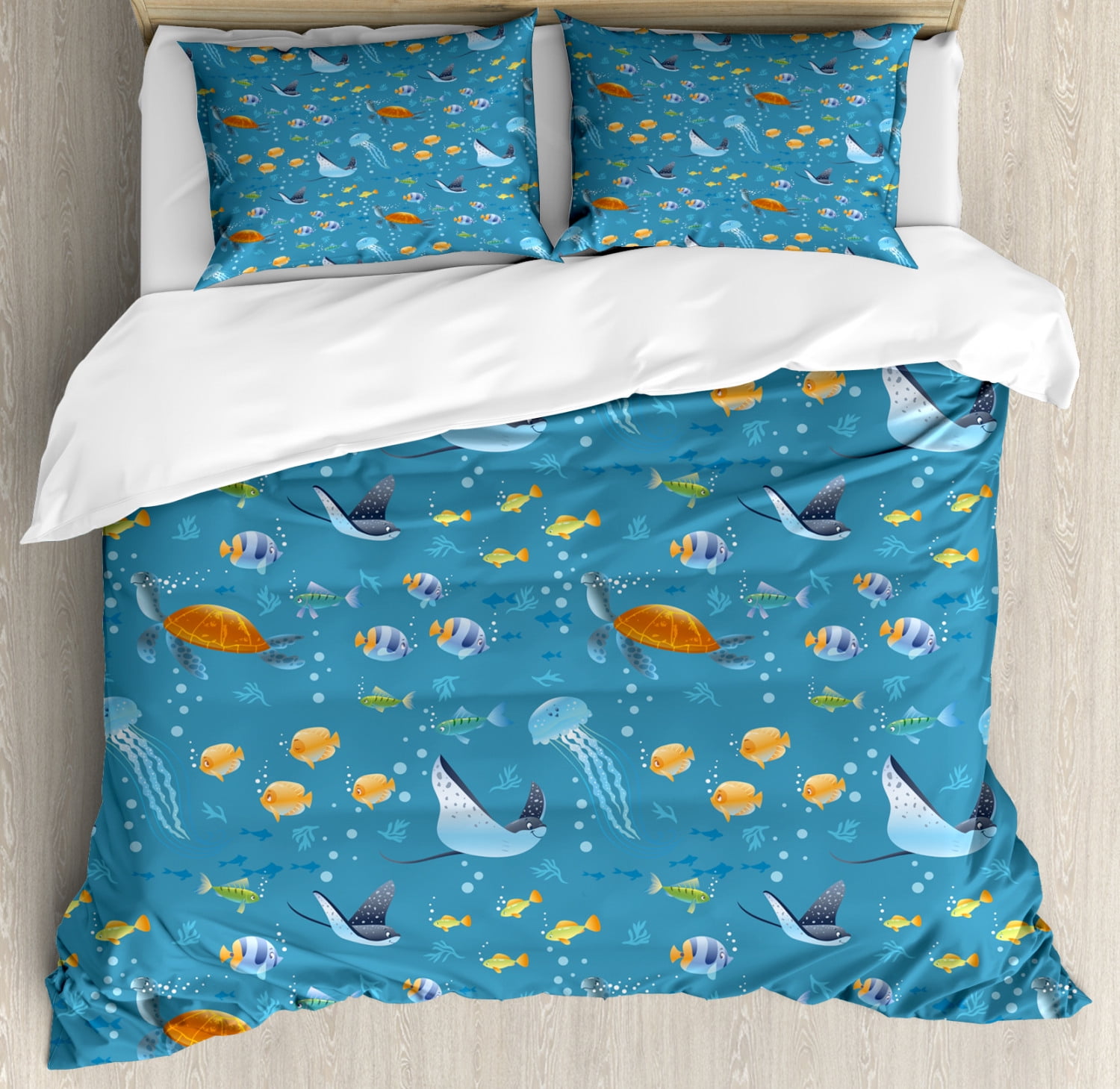 Under the Sea Duvet Cover Set, Cartoon Style Fish Turtle Swimming
