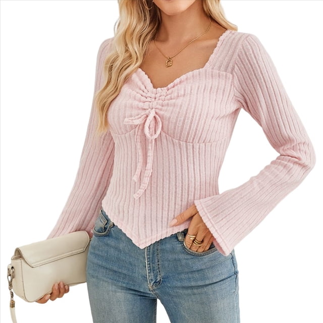 Camisa de Larga con Estampado Estético Y2K para Mujer, Estilo Moderno, con Cordón Fruncido, Corte Entallado, Ropa Y2K. Rosa M