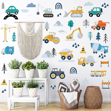 Construction Vehicle Wall Decals – 90Pcs Reusable Peel and Stick Vinyl Stickers for Kids’ Room, Nursery & Playroom – Removable Truck Decoration for men & Toddlers
