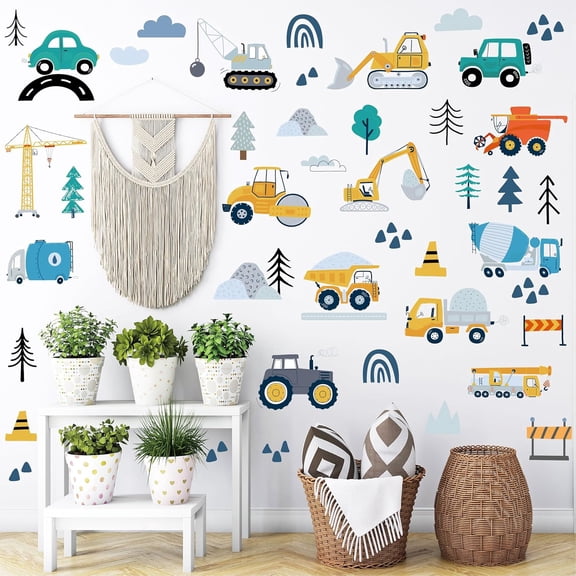 Construction Vehicle Wall Decals – 90Pcs Reusable Peel and Stick Vinyl Stickers for Kids’ Room, Nursery & Playroom – Removable Truck Decoration for men & Toddlers