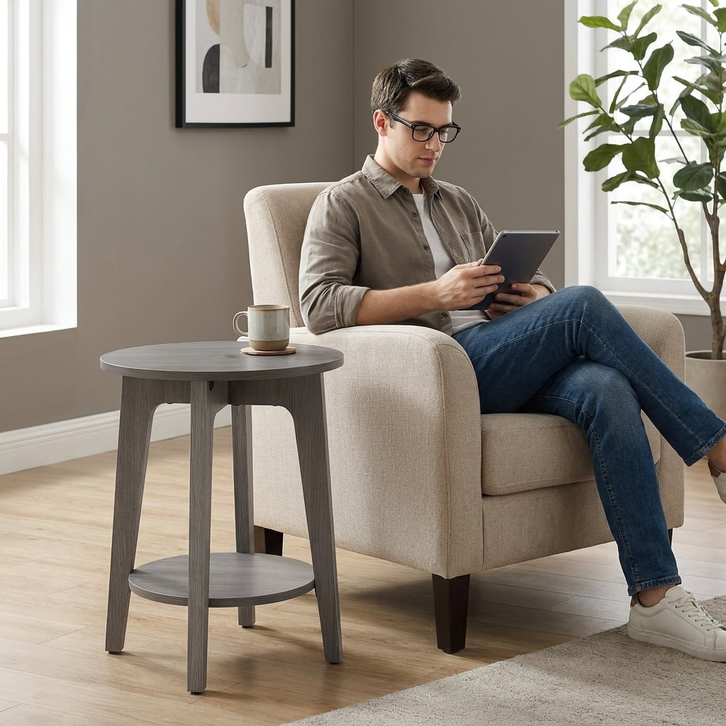 Ledrem Smoky Gray Wood Round Accent Side Table with Lower Shelf, Modern Style